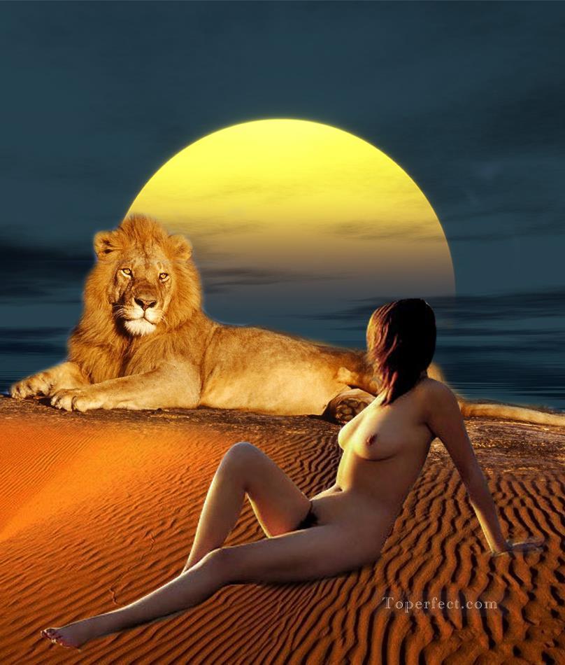 ライオンと美女のヌードオリジナル油絵